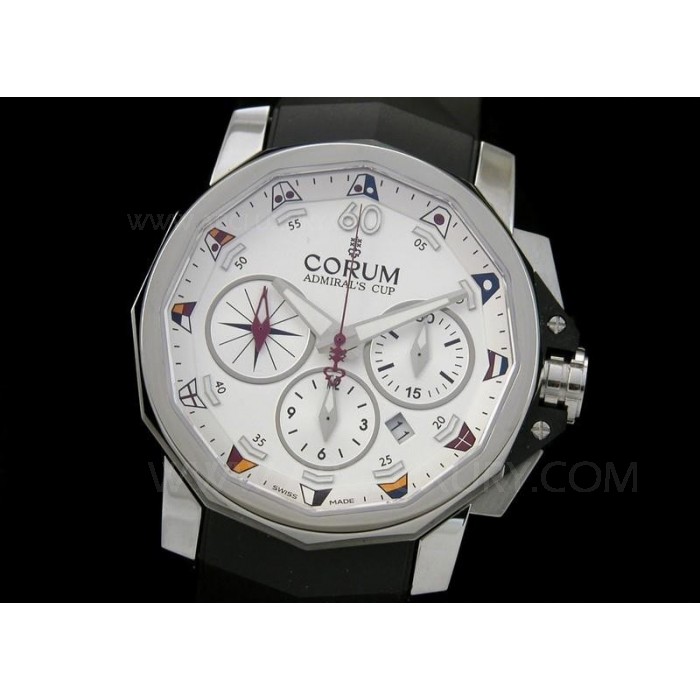 Replika Corum Admirals Cup Chronograph Ure Hvid Skive Sorte Rubber